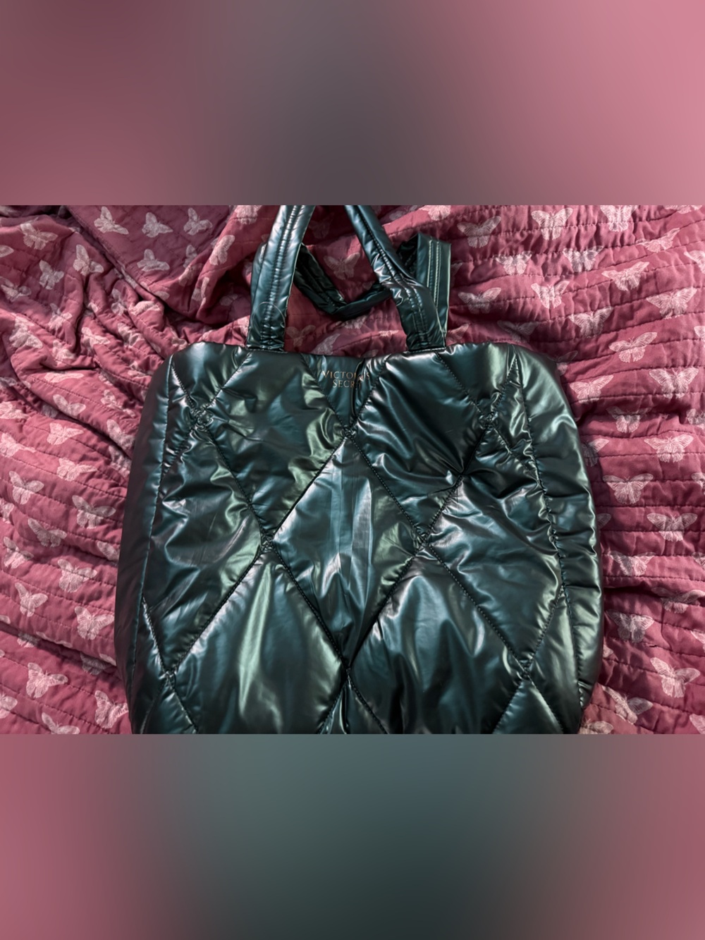 Victoria's Secret Quilted Metallic Tote in Dark Green